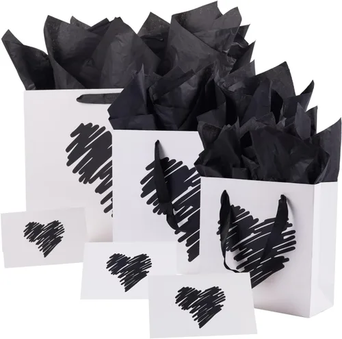 Miniatura 9 de ysmile Pequeña bolsa de regalo negra con papel de seda para hombres, fiesta de cumpleaños, aniversario, día del padre, 7.8 pulgadas, corazón dorado