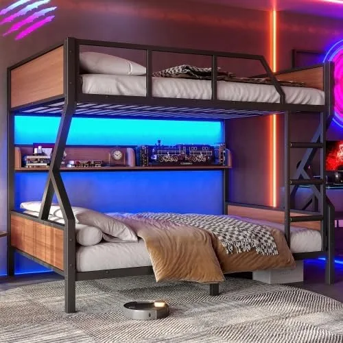 Miniatura 17 de Bellemave Twin XL Bunk Bed Frame with Storage Shelves & Pegboard, Metal Bunk Bed Twin XL with USB Ports & LED Lights, Space-Saving for Bedroom