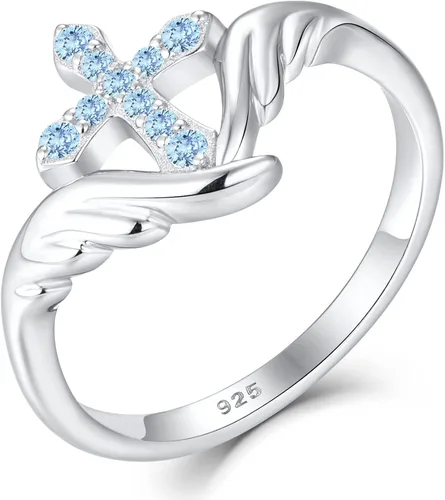 Miniatura 2 de STARCHENIE Anillo de cruz de plata de ley 925 con alas de ángel para mujer, talla 5-10