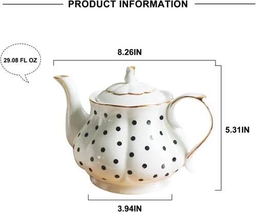 Miniatura 5 de Tetera de estilo europeo, tetera de cerámica hecha a mano, forma acanalada, calabaza, estilo vintage, juego de fiesta de té, regalo (lunares)