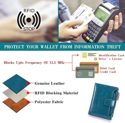 Miniatura 6 de FALAN MULE - Cartera de cuero auténtico para mujer, pequeña plegable , compacta, con interferencia de radiofrecuencia (RFID)