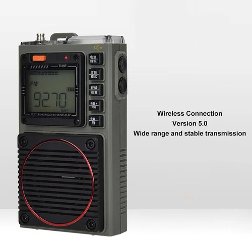 Miniatura 8 de Radio de banda completa portátil FM/VHF/AM/SW/WB receptor con Bluetooth 5.0, estéreo de bajos, alarma SOS, reproducción de tarjetas y linterna, retro