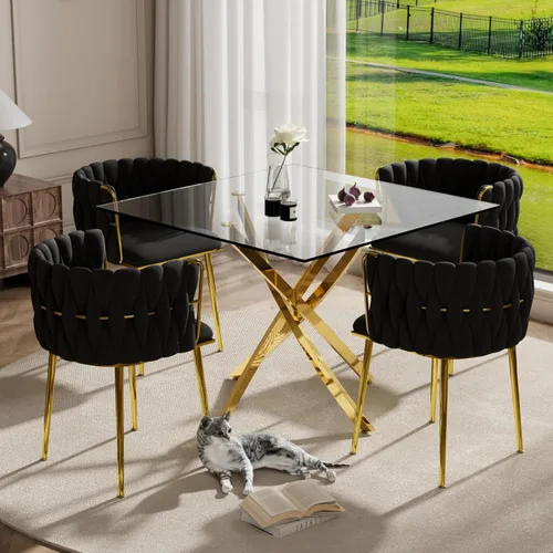 Miniatura 17 de RGZ Juego de mesa de cocina cuadrada minimalista moderna de 3 piezas, mesa de comedor de vidrio transparente con sillas tejidas negras, juego de 2