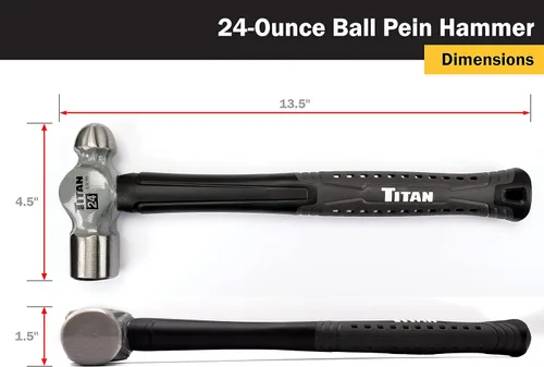 Miniatura 3 de Titan 63016 - Martillo de bola de 24 onzas, cabeza de acero forjado, mango de fibra de vidrio de 13.5" con absorción de impactos y empuñadura
