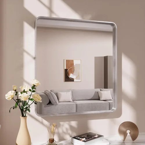 Miniatura 33 de JISOSO - Espejo de baño de 24x36 pulgadas con marco de metal cepillado color níquel, espejo con marco de metal cepillado plateado para pared, espejo