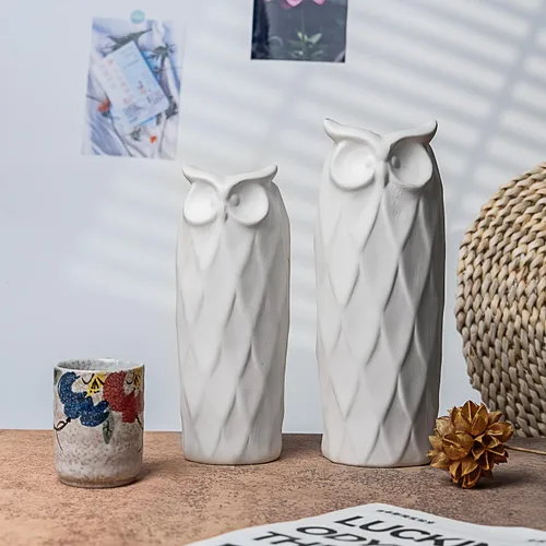 Miniatura 8 de Juego de 2 jarrones de cerámica con diseño de búho para sala de estar, dormitorio, 9.45'' y 8.27'', jarrones modernos blancos para plantas y flores