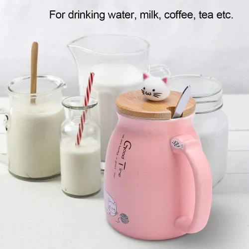 Miniatura 4 de TOPINCN Taza de cerámica con diseño de gato lindo con cuchara y tapa de madera, taza de té y agua para leche para oficina en casa (12.8 fl oz)