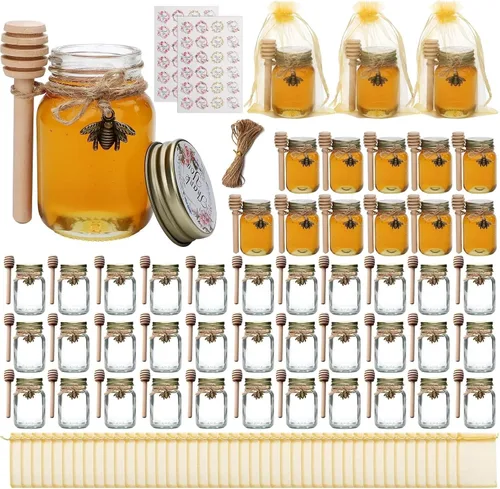 Mini tarros de miel de vidrio, tarros de vidrio de 2 onzas con tapas, paquete de 48 tarros pequeños con cubos de madera, mini botellas transparentes