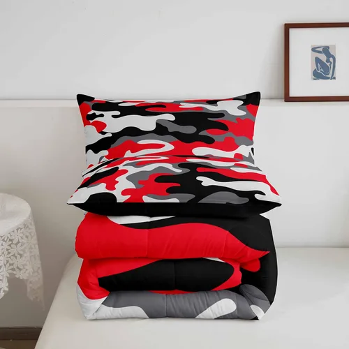 Miniatura 5 de Erosebridal Juego de ropa de cama de camuflaje, juego de edredón de camuflaje rojo y negro para niños y niñas, juego de edredón de estilo militar