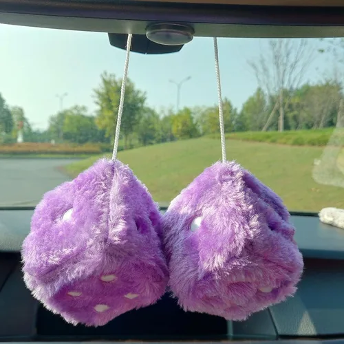 Miniatura 3 de Par de dados de felpa mullidos con espejo de puntos blancos y negros, de 3 pulgadas, adorno decorativo para colgar en coche de felpa suave en blanco