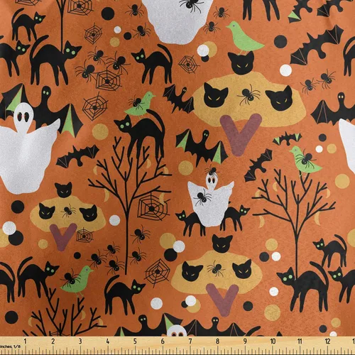 Miniatura 146 de Ambesonne The Yard, tela de calavera colorida con temática de Halloween, diseño de calavera y huesos cruzados, divertido estampado de dibujos