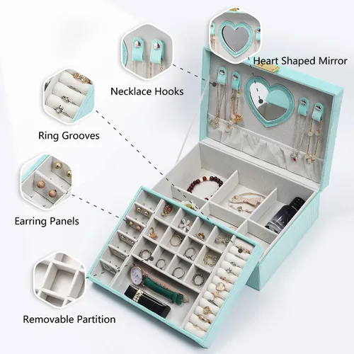 Miniatura 5 de Dajasan Cajas de joyería para mujeres y niñas, caja organizadora de joyas, caja de joyería grande de terciopelo de 2 capas para anillos, collares