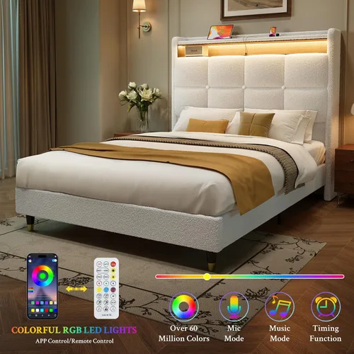 Miniatura 6 de koorlian Marco de cama tamaño King, cabecera capitoné capitoné de 51 pulgadas de alto, marco de cama tapizado de forro polar de peluche, luces LED
