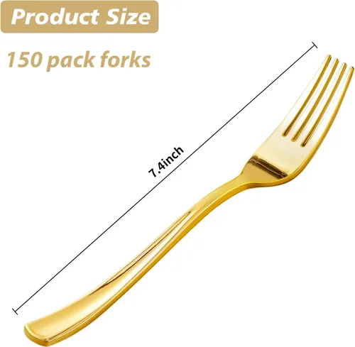 Miniatura 4 de Goodluck Paquete de 150 tenedores de plástico dorados, tenedores resistentes, desechables, cubiertos de plástico perfectos para bodas, fiestas