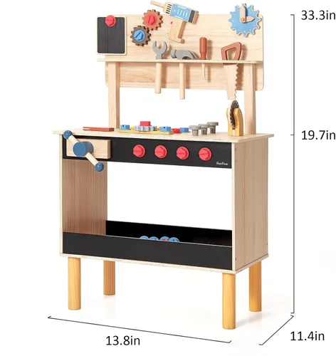 Miniatura 7 de PairPear - Banco de herramientas de madera para niños, banco de trabajo grande con juego de herramientas, juguete de taladro