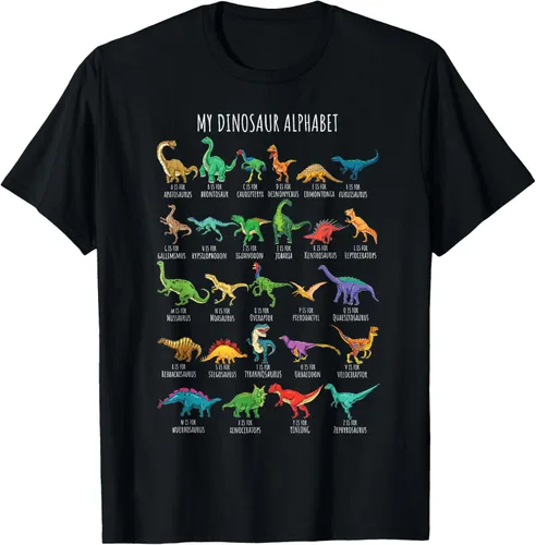 Tipos De Dinosaurios Alfabeto A-Z ABC Dino Identificación Camiseta De Manga Corta, Negro -