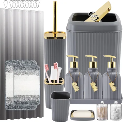 Miniatura 27 de 21PCS Bathroom Sets with Shower Curtain and Rugs Bathroom Accessories Set Beige Bathroom Set Complete with Trash Can, Toilet Brush, Qtip Holder &