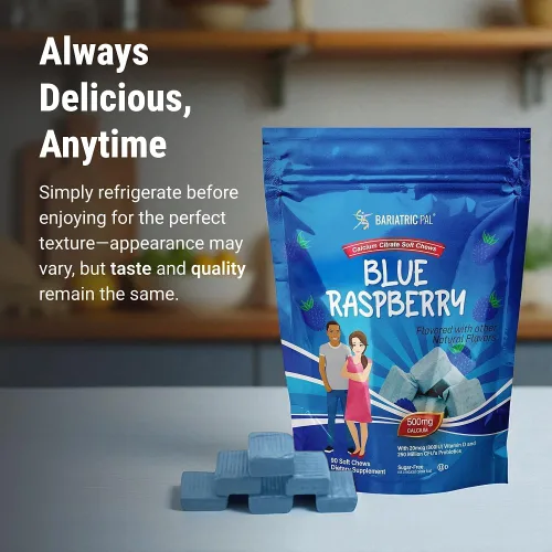 Miniatura 7 de Masticables de citrato de calcio sin azúcar BariatricPal 500mg con vitamina D y probióticos Frambuesa azul 90 unidades (Suministro para 1 mes)