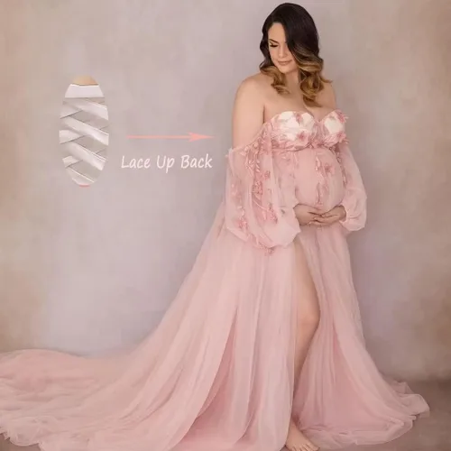 Miniatura 2 de FONGYUSHUN Vestido de maternidad de tul con apliques para sesión de fotos, manga larga hinchada, lencería nupcial, vestido de embarazo, vestido