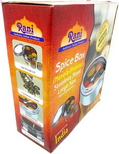 Miniatura 9 de Caja de especias Rani de acero inoxidable transparente redonda para almacenamiento (Masala Dabba) de 7 compartimentos, con cuchara