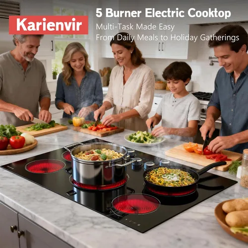 Miniatura 7 de Placa de cocción eléctrica empotrable de 30 pulgadas Karienvir, placa de cocción de 5 quemadores de 8500W, perilla antideslizante y control táctil