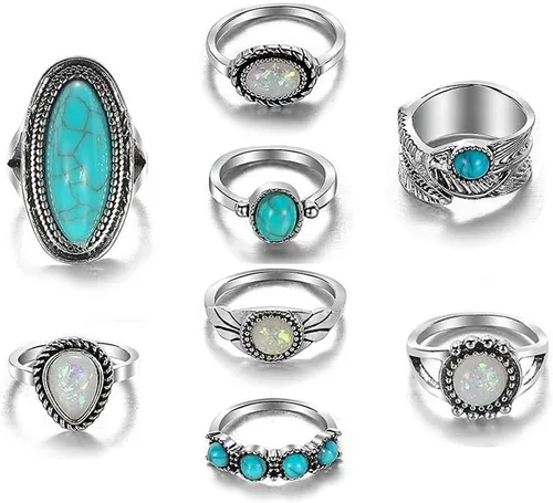 Miniatura 7 de Airvess Juego de anillos vintage para nudillos, anillos apilables de turquesa gruesa, anillos apilables de plata para los dedos, joyería bohemia