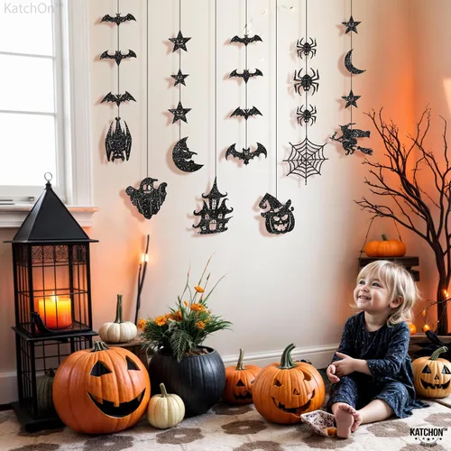 Miniatura 6 de KatchOn, Guirnalda de Halloween negra con purpurina, enorme, paquete de 10 unidades, guirnalda de decoración de fiesta de Halloween con recortes