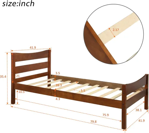 Miniatura 2 de MERITLINE Cama de plataforma de tamaño individual con cabecero y estribo, marco de cama de madera, no necesita somier, nogal