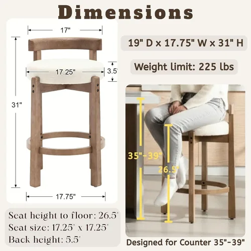 Miniatura 2 de LukeAlon Mid Century Linen Taburete Individual de Mostrador, Tapizado de 26.5" de Altura de Asiento, Taburetes Bajos con Patas de Madera Natural