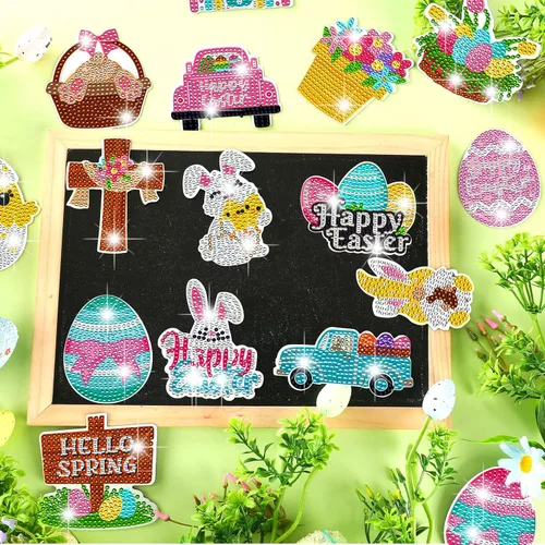 Miniatura 2 de Umigy 16 piezas de imanes de arte de diamante de Pascua para refrigerador, imanes de pintura de diamante de primavera, huevos DIY, gnomo, camión