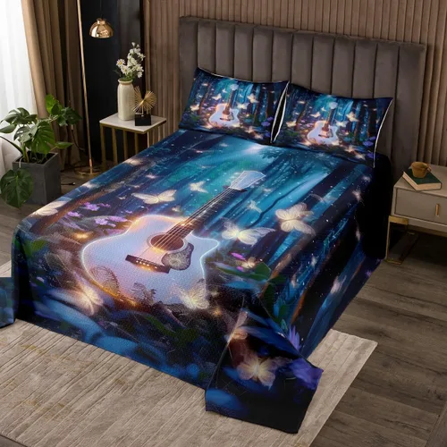 Miniatura 16 de Homewish Colcha de guitarra roja tamaño individual, juego de ropa de cama de música Hip Pop para decoración de habitación de niños y niñas, juego