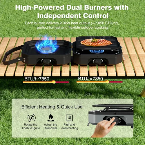Miniatura 2 de Estufa de camping portátil de propano Estufa de campamento con calor ajustable independientemente y bolsa de transporte, estufa de gas plegable