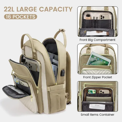 Miniatura 5 de LOVEVOOK Mochila para laptop para mujer, mochila de trabajo de moda con puerto USB, mochilas impermeables para el trabajo., Caqui-beige, 15,6 pulg.