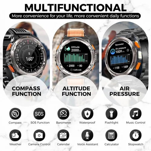 Miniatura 9 de EIGIIS KE5 Military Smart Watch for Men with Flashlight SOS 3ATM Waterproof Watch 530mAh Big Battery 1.45" Rugged Tactical Smartwatch with Compass