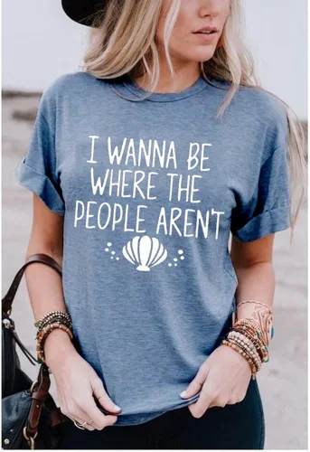 Miniatura 5 de Camiseta con texto en inglés "I Wanna Be Where The People Don't para mujer, casual, manga corta, divertida y bonita camiseta gráfica