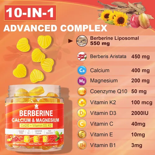 Miniatura 7 de LILICARE Gomitas de suplemento de berberina sin azúcar, absorción extra con berberina liposomal y berberina HCI, calcio, magnesio, activador AMPK
