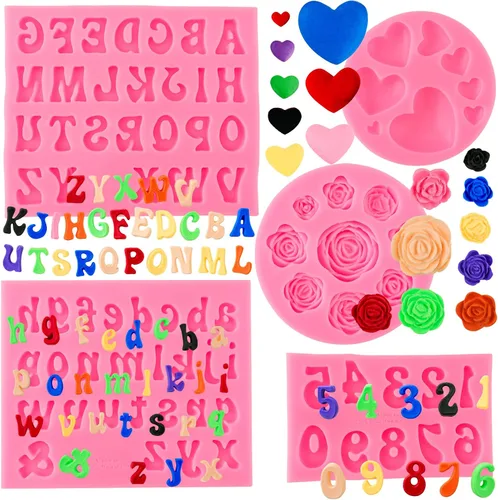 Moldes de letras del alfabeto, 5 piezas de letras y números, forma de corazón, flores, molde de silicona para fondant de chocolate, arcilla