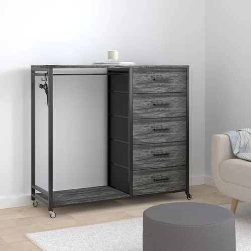 Miniatura 2 de Cyclysio Cómoda con estante para colgar, 5 cajones de tela con perchero, cómoda de almacenamiento superior de madera con estación de carga y luces