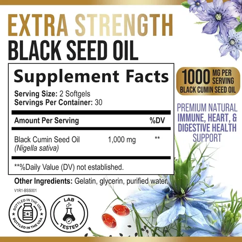 Miniatura 2 de Cápsulas de aceite de semilla de comino negro de 1000 mg por porción, semillas negras de Nigella sativa premium, aceite de comino negro natural puro