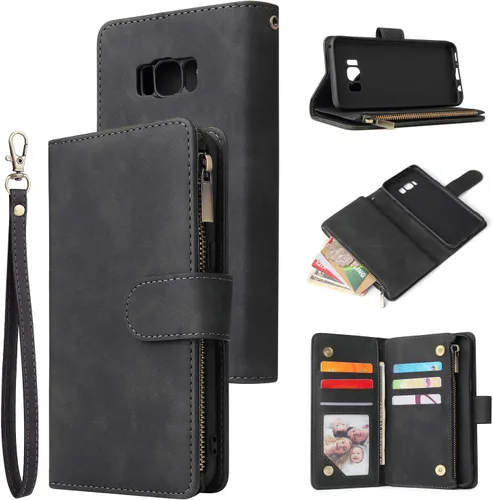 UEEBAI Funda tipo cartera para Samsung Galaxy S8, de piel sintética vintage de alta calidad, cierre magnético, bolsillo con cremallera, ranuras para