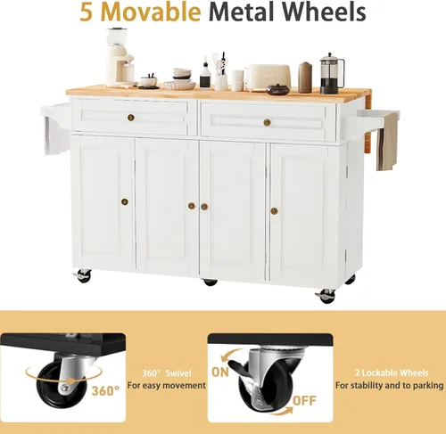 Miniatura 5 de Carrito para isla de cocina con almacenamiento y ruedas, isla de cocina rodante grande de 150 cm con hoja abatible, isla móvil para cocina