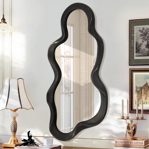 Miniatura 8 de Espejo asimétrico para decoración de pared, grande, moderno, ondulado, con marco de madera, espejo de pared con forma única montado en pared
