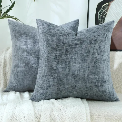 Stellhome Blue Grey Chenille Throw Pillow Covers 16x16 Inch Set of 2, Soft Line Textured Cushion Cases, Modern Farmhouse Boho Home Decor for Couch