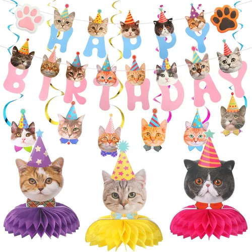 Miniatura 9 de Chinco Kit de 16 Piezas de Suministros de Fiesta de Cumpleaños con Tema de Gato, Incluye Bandera de Fiesta de Gato con 6 Recortes Colgantes, 6