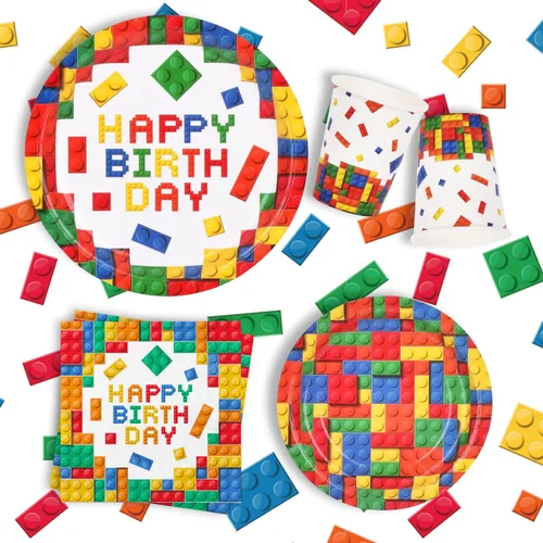 Miniatura 3 de Bloque de construcción, suministros de fiesta, platos de papel, servilletas, vasos, mantel, pancarta para bloques de construcción coloridos