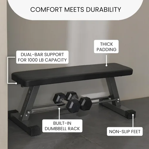 Miniatura 4 de FF Finer Form Banco de Pesos Plano Esencial para Tu Gimnasio en Casa – Banco de Entrenamiento de Alta Resistencia para Prensa de Banco, Empujes