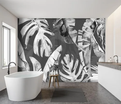 Miniatura 3 de Papel tapiz de tela de hoja de plátano gris botánico tropical para sala de estar, dormitorio, baño, planta mural de pared grande - 137 x 96 pulgadas