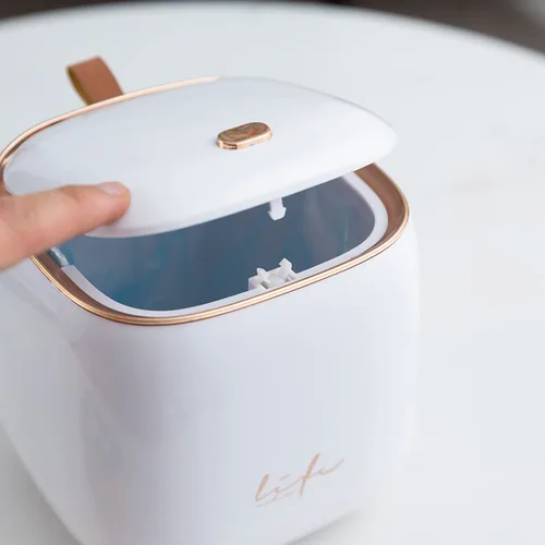Miniatura 4 de Mini papelera de escritorio con tapa, pequeño cubo de basura de plástico para cocina, baño, oficina, papelera de escritorio con botones, cubo