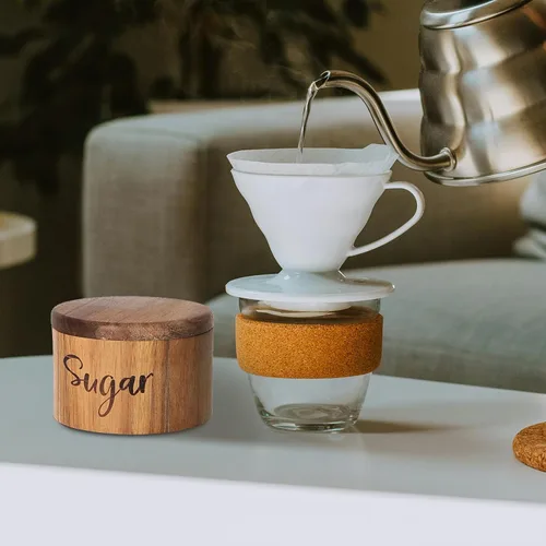 Miniatura 2 de Caja de especias de madera de acacia con cubierta giratoria para encimera de cocina, conservador de sal con cuchara integrada, moderno decorador