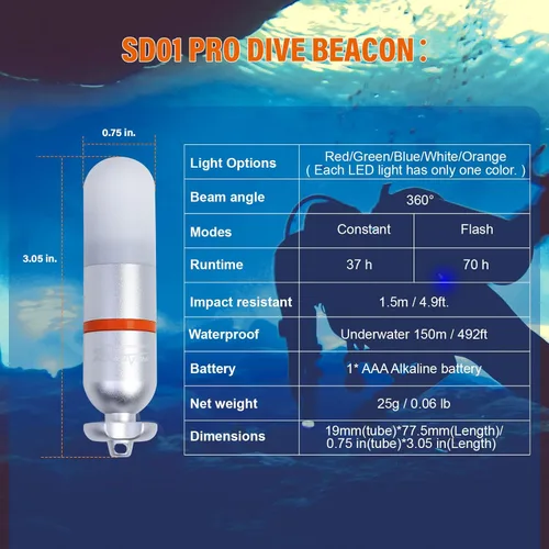 Miniatura 5 de ORCATORCH SD01PRO - Luz de señal de buceo brillante mejorada, luz de marcador de tanque sumergible con modos constantes y intermitentes, para buceo